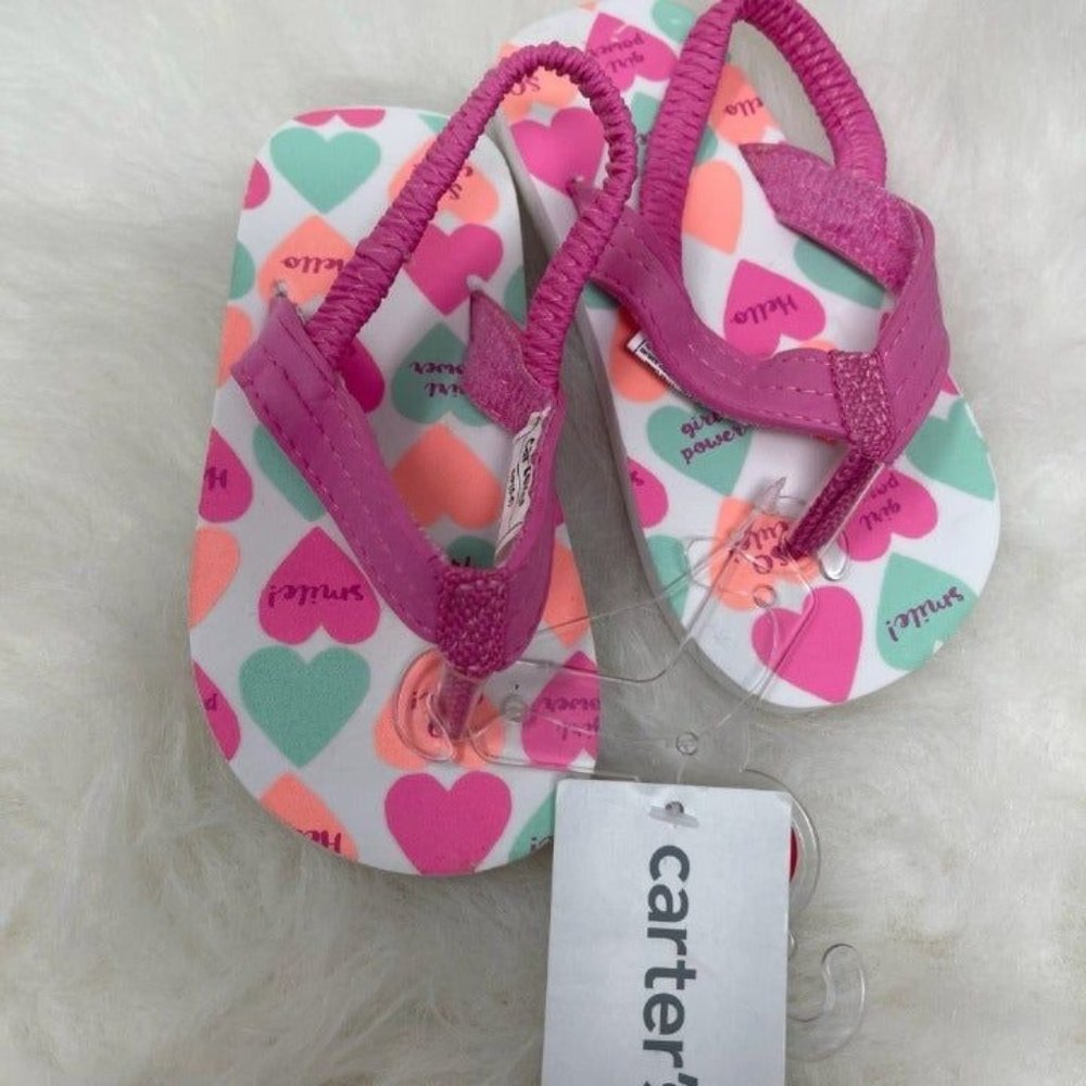 Carter's Heart Toddler Flip Flops Pink White Hearts